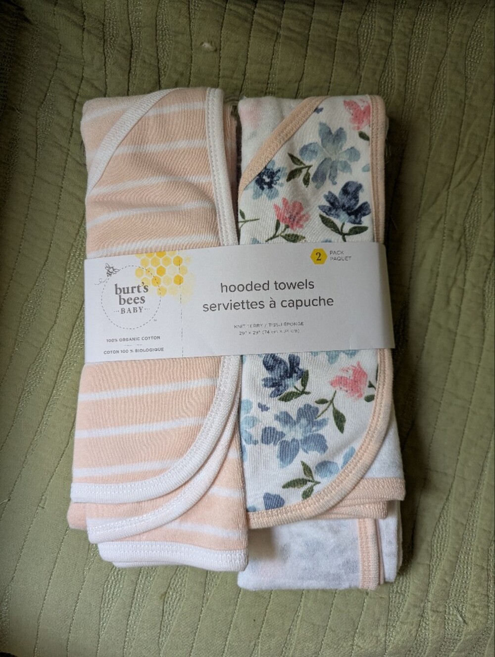 Burt's Bees Baby Peach Stripe & Floral Hooded Towels - 2 Pack